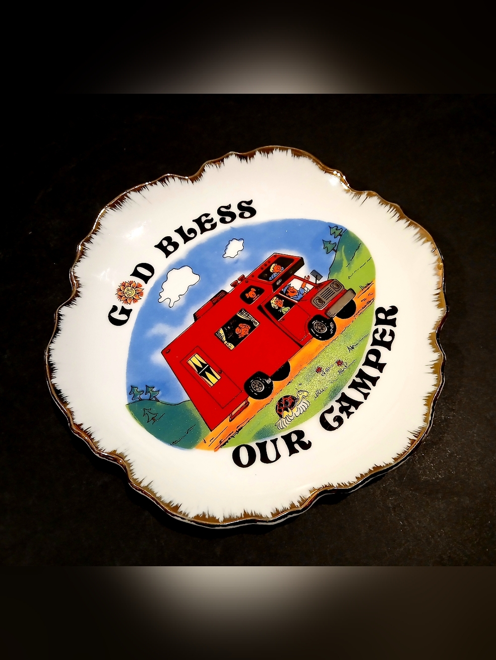 Vintage Red Camper Decorative Plate - "God Bless Our Camper"